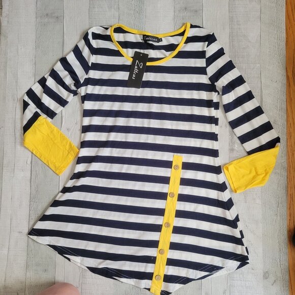 Zattcas Striped Long-Sleeve Tunic Top With Yellow Button Accent & Cuffs NWT M - Picture 4 of 8
